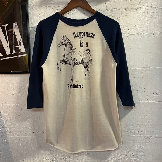 Vintage 70’s Faded ‘Happiness Is A Saddlebred’ Horse 3/4 Sleeve Raglan Single Stitch Baseball T-Shirt - Size Medium - Made In USA - White/Navy/Black