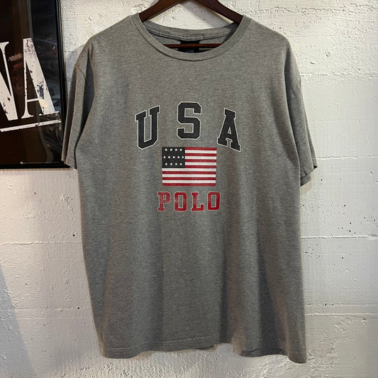 Vintage 90's Polo Sport Ralph Lauren USA Graphic T-Shirt - Size Large - Heather Grey/Navy/Red/White