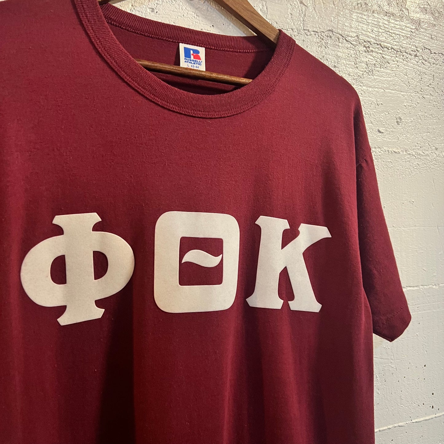 Vintage 80's Russell Athletic Felt 'Phi Theta Kappa' Graphic T-Shirt - Size Large - Made In USA - Maroon/White