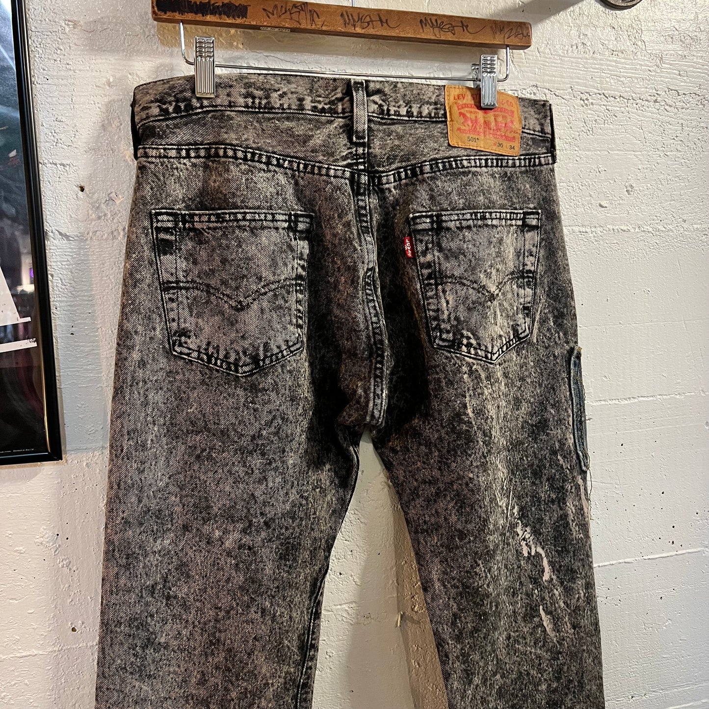 Reworked Levi's 501 Acid Wash Denim Jeans - Size 30 x 34 - Black