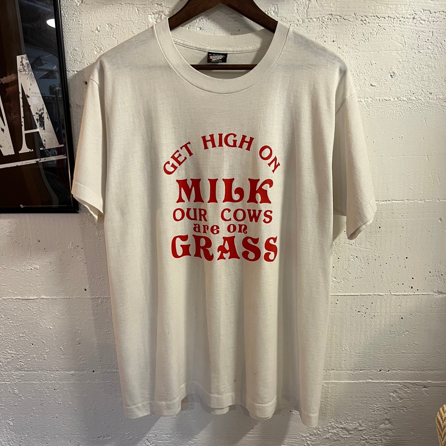 Vintage 80's Screen Stars Funny 'Get High On Milk' Single Stitch T-Shirt - Size XL - Made In USA - White/Red