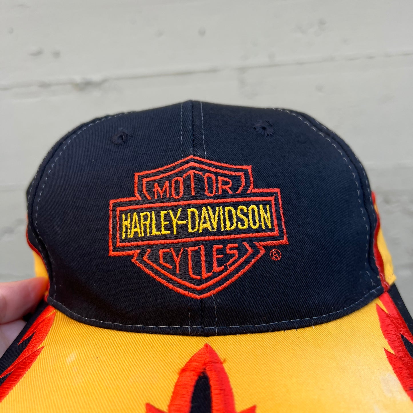 Vintage Y2K Harley Davidson Flame 6- Panel Snapback Hat - O/S - Black/Orange/Yellow