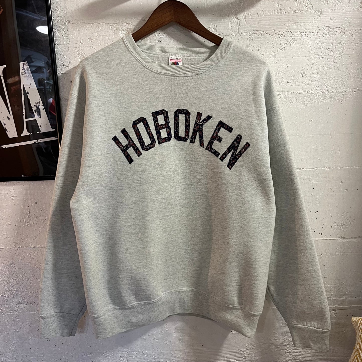 Vintage 90’s Paisley Raw-Edge Appliqué Stitch Hoboken Crewneck Sweatshirt - Size Medium - Made In USA - Heather Grey/Multi