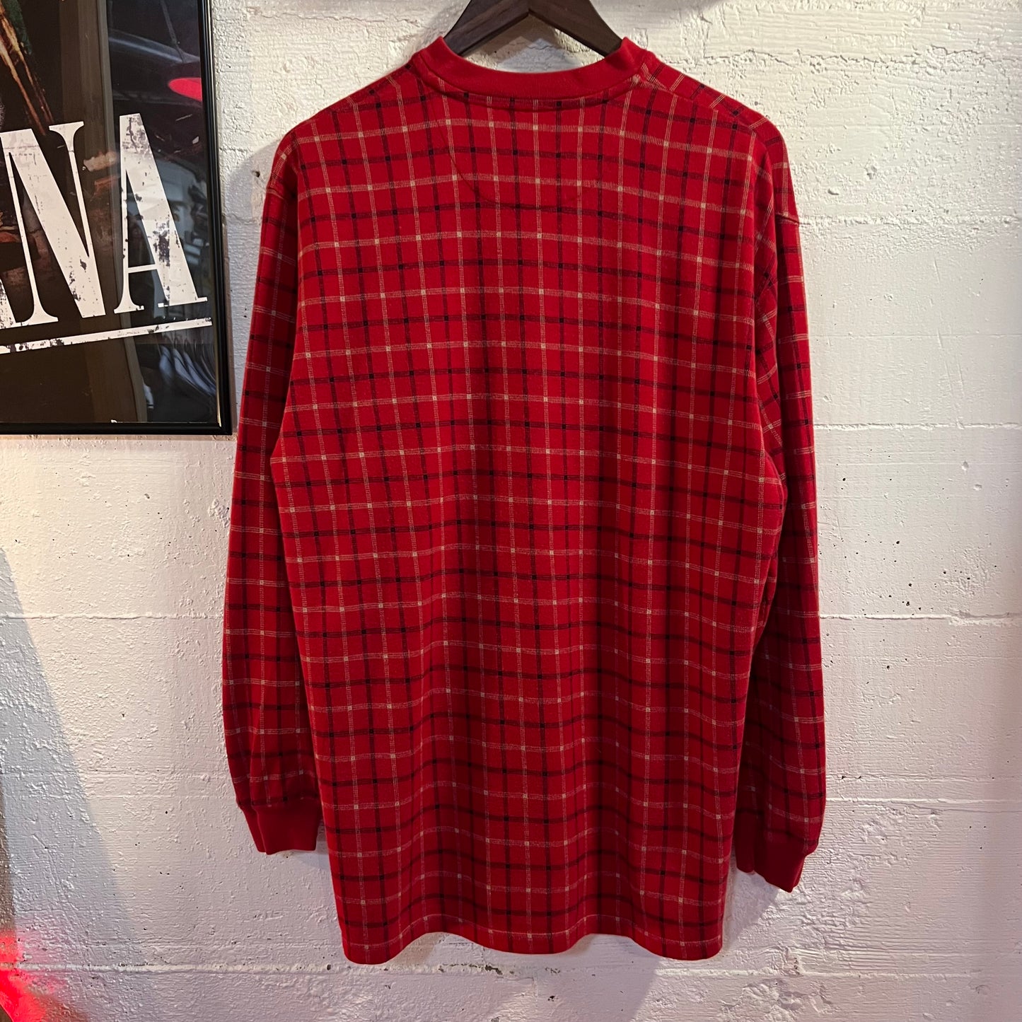 Vintage 90's Chaps Ralph Lauren Plaid Henley Collar Thermal Shirt - Size Medium - Red/Navy/White