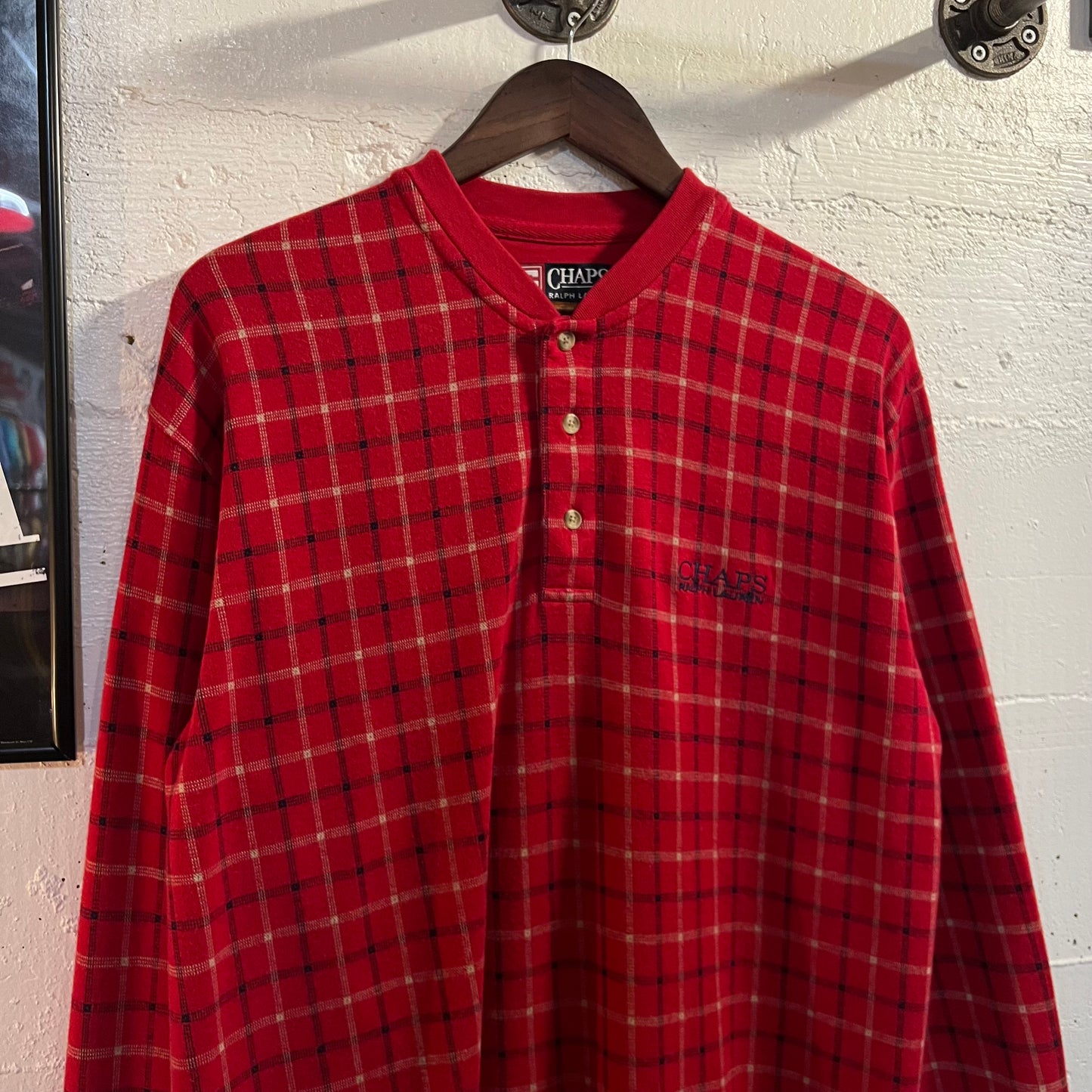 Vintage 90's Chaps Ralph Lauren Plaid Henley Collar Thermal Shirt - Size Medium - Red/Navy/White