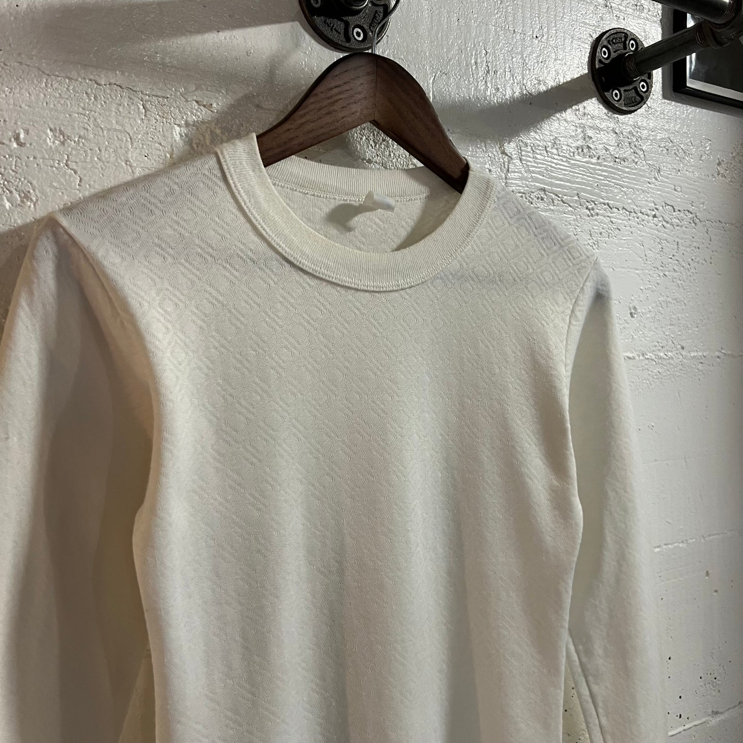 Vintage 1970’s Lollipop Diamond Raschel Knit Long Sleeve Thermal Shirt - Size Medium - Made In USA - White