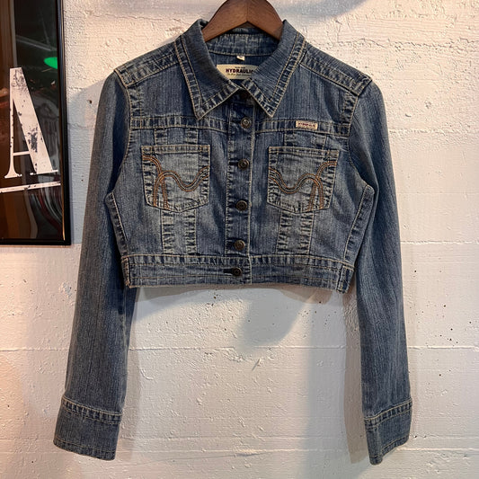 Vintage Hydraulic Button-Up Cropped Jean Jacket - Size Medium - Denim/Orange