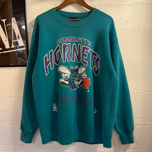 Vintage 90’s Charlotte Hornets Basketball Club Crewneck Sweatshirt - Size Large - Made In USA - Teal/Purple/White