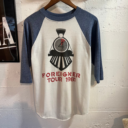 Vintage 1981 Foreigner ‘4’ Tour Raglan Sleeve Single Stitch T-Shirt - Size Large - Made In USA - White/Blue/Multi