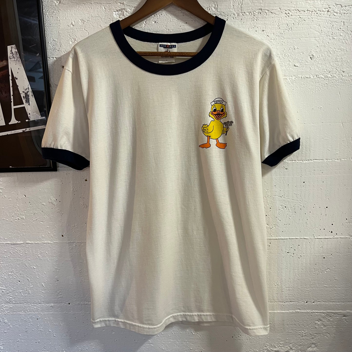 Vintage 90’s Jerzees Cottey College Duck Ringer T-Shirt - Size Medium - White/Navy