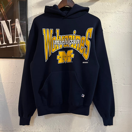Vintage 90's Russell Athletic University Of Michigan Wolverines Collegiate Hoodie Sweatshirt - Size Medium - Made In USA - Navy/Yellow
