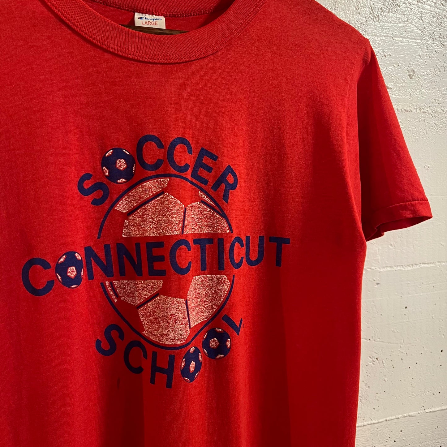 Vintage 80’s Distressed Champion Connecticut Soccer School Single Stitch T-Shirt - Size Large - Made In USA - Red/White/Blue