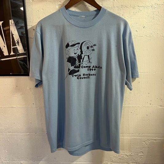Vintage 1990 Camp Akela Twin Harbors Council Single Stitch T-Shirt - Size Large - Made In USA - Light Blue/Black