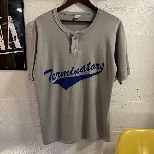 Vintage 80's Wilson Henley Collar 'Terminators' Single Stitch Cotton Baseball Jersey - Size Large - Made In USA -