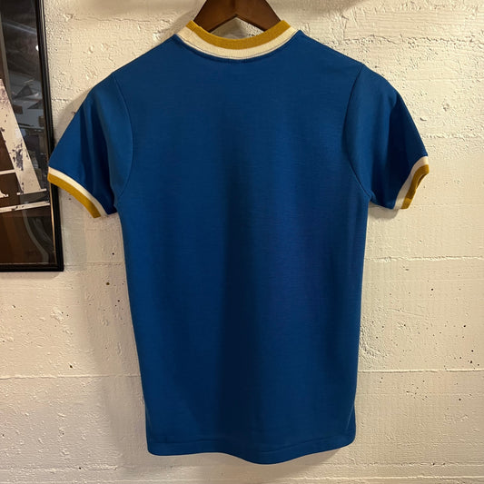 True Vintage 1960’s Penney’s Towncraft Trinity Knot Knitted Ringer Pocket Baby T-Shirt - Size XS (14) - Made In USA - Blue/White/Mustard