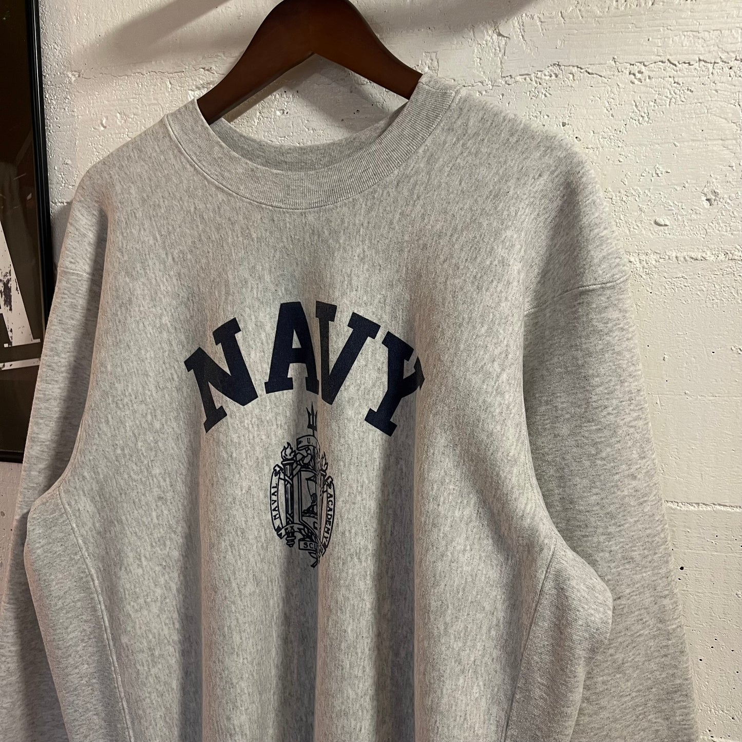 Vintage 90’s Navy U.S. Naval Academy Reverse Weave Crewneck Sweatshirt - Size Medium - Made In USA - Heather Grey/Navy