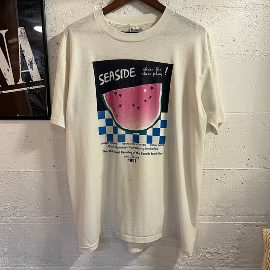 Vintage 1991 Distressed Seaside Souvenir Single Stitch T-Shirt - Size Large - Made In USA - White