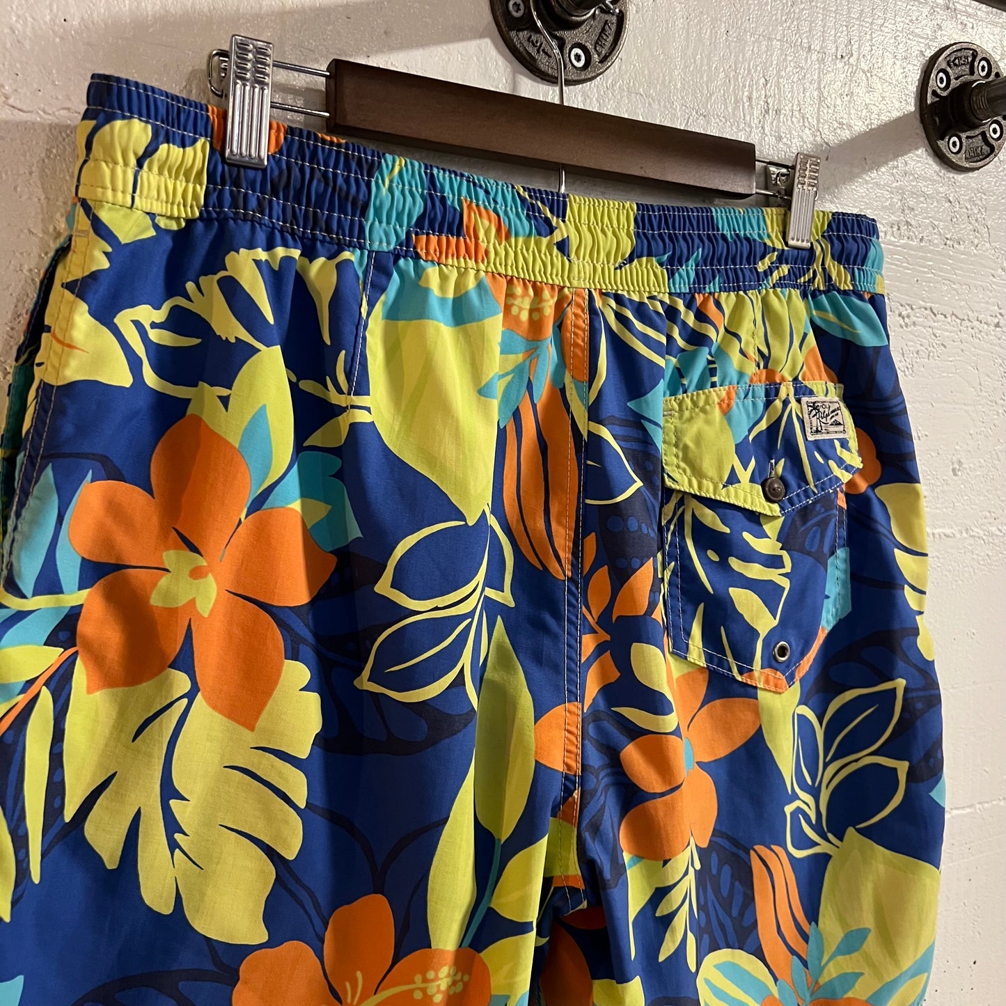 Polo Ralph Lauren Swimwear Tropical Floral Print Swim Trunks - Size Medium - Blue/Orange/Chartreuse