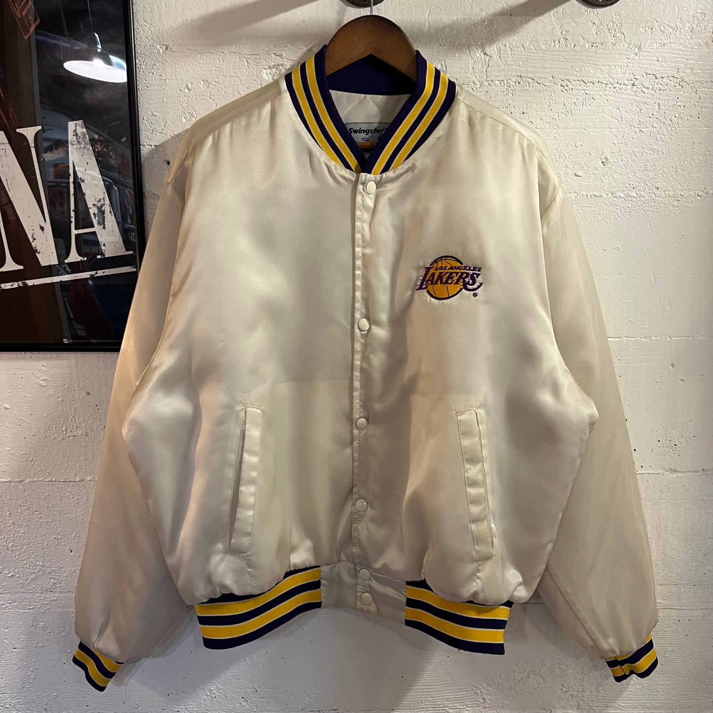 Vintage 90's Los Angeles Lakers Embroidered Swingster Satin Bomber Jacket - Size XL - Made In USA - White/Yellow/Purple