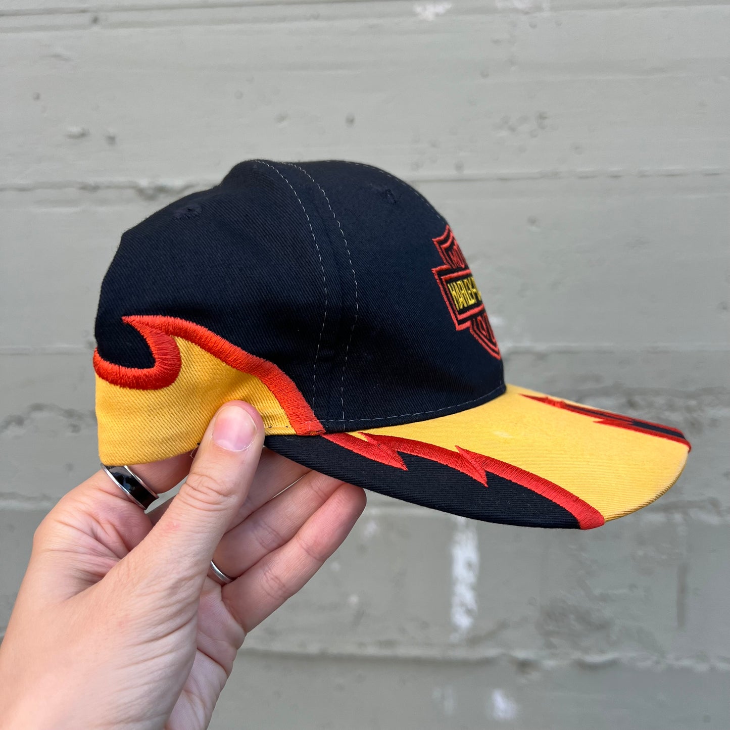 Vintage Y2K Harley Davidson Flame 6- Panel Snapback Hat - O/S - Black/Orange/Yellow