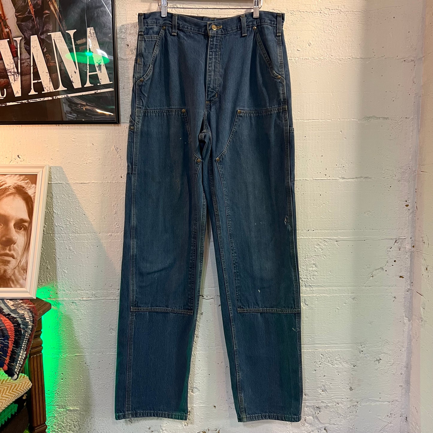 Vintage Denim Carhartt Double Knee Cargo Jeans - Size 34”x36” - B273 DST - Medium Wash