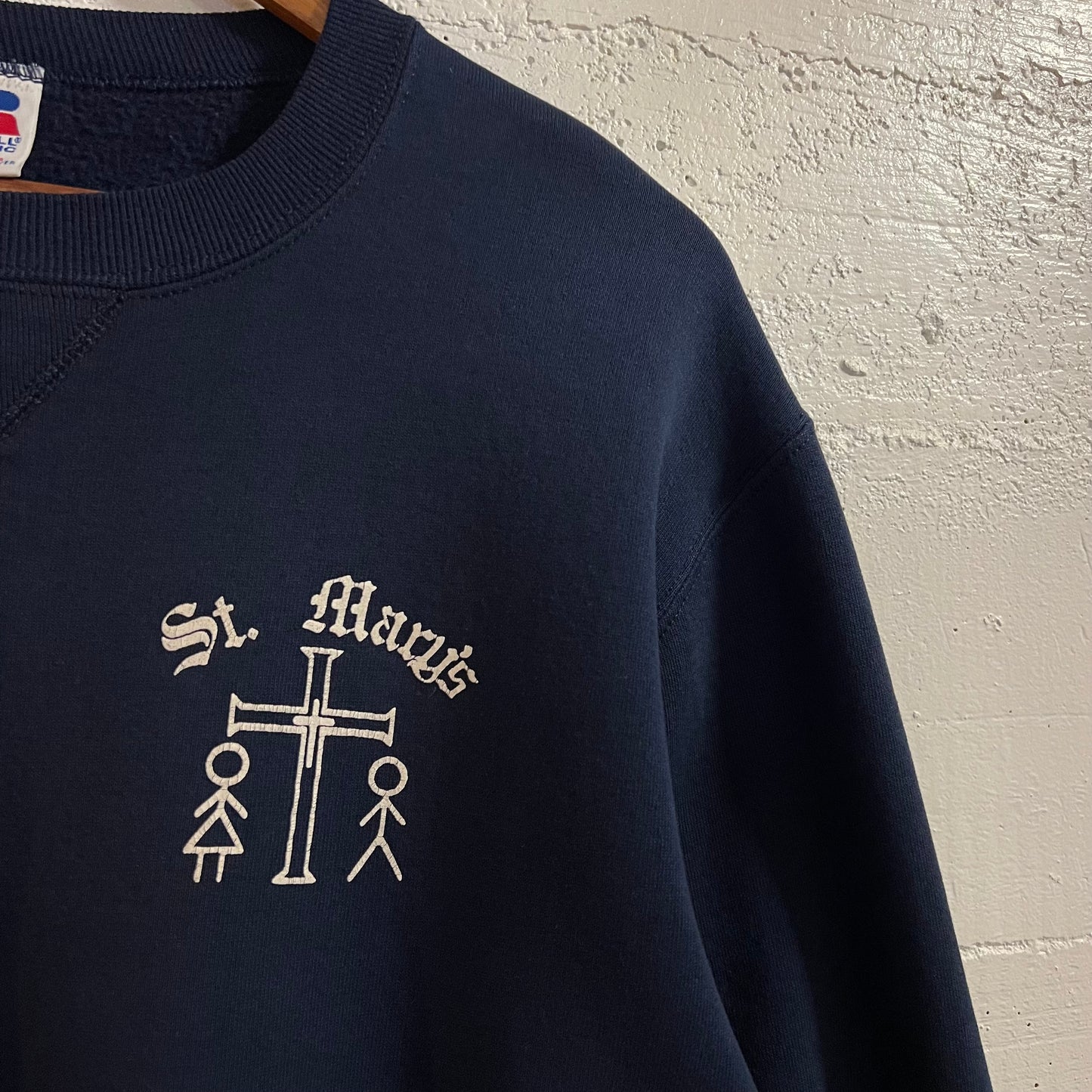 Vintage 90’s Distressed Russell Athletic St. Mary’s Crewneck Sweatshirt - Size Small - Made In USA - Navy/White