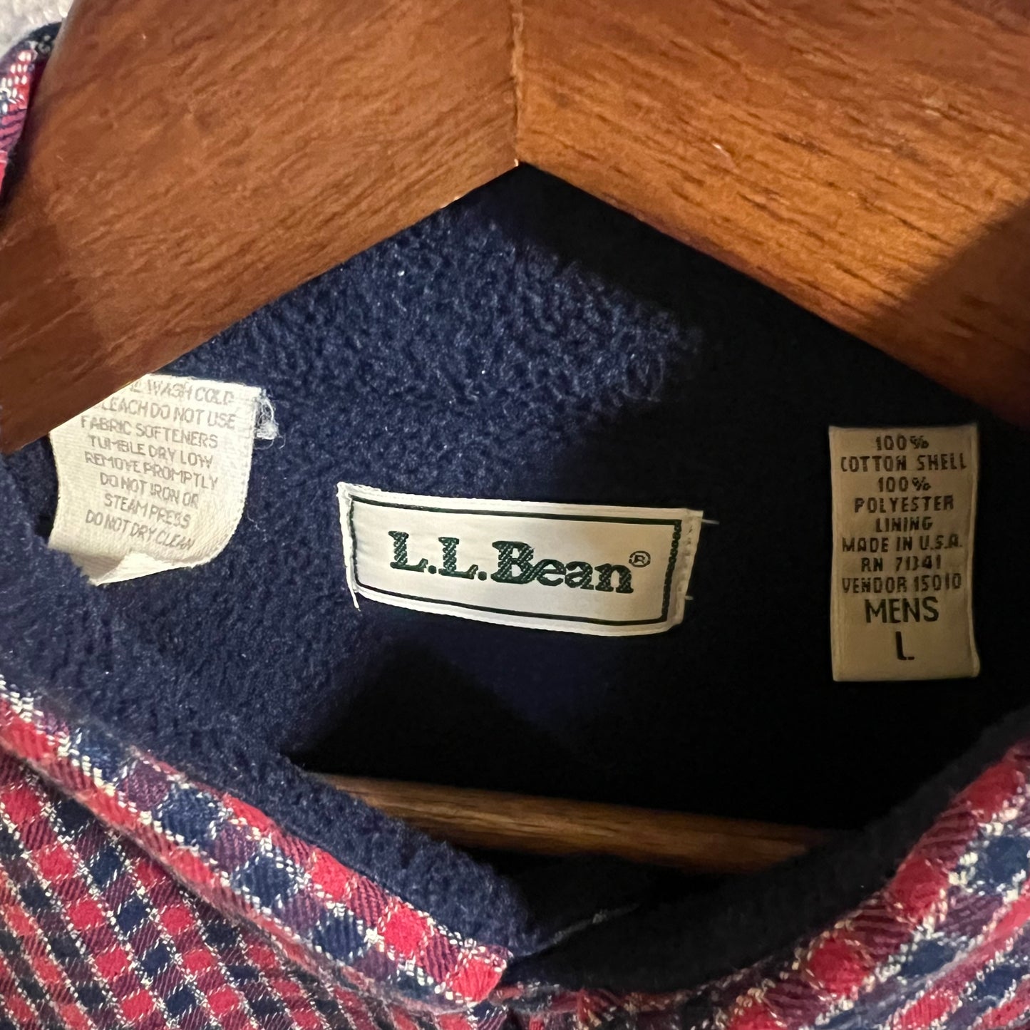Vintage L.L. Bean Fleece Lined Plaid Flannel Shirt Jacket - Size Large - Made In USA - Red/Blue