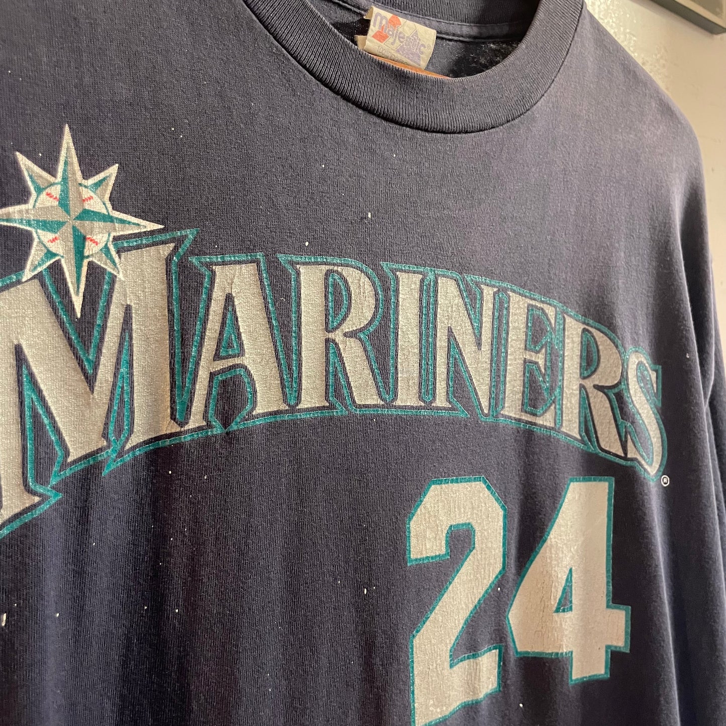 Vintage 90’s Distressed Seattle Mariners MLB ‘Griffey #24’ Single Stitch T-Shirt - Size Large - Made In USA - Navy/Teal/Silver