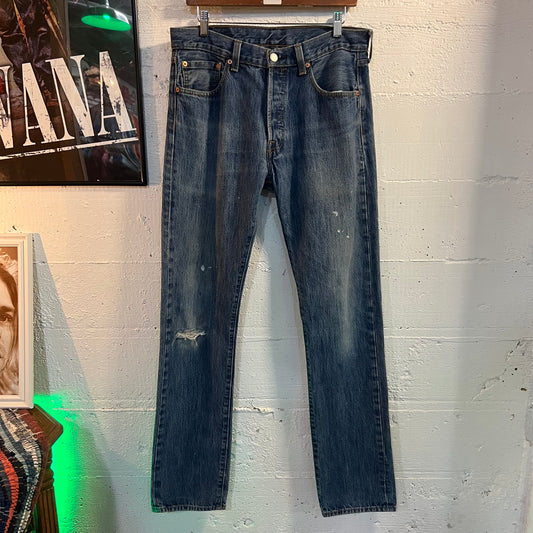 Distressed Levi's 501 Medium Stonewash Denim Jean - Size 32"x34" - Light Blue Indigo