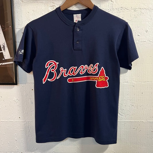 Vintage Y2K Atlanta Braves '#6' Baseball Henley T-Shirt - Size Youth Large - Navy/Red