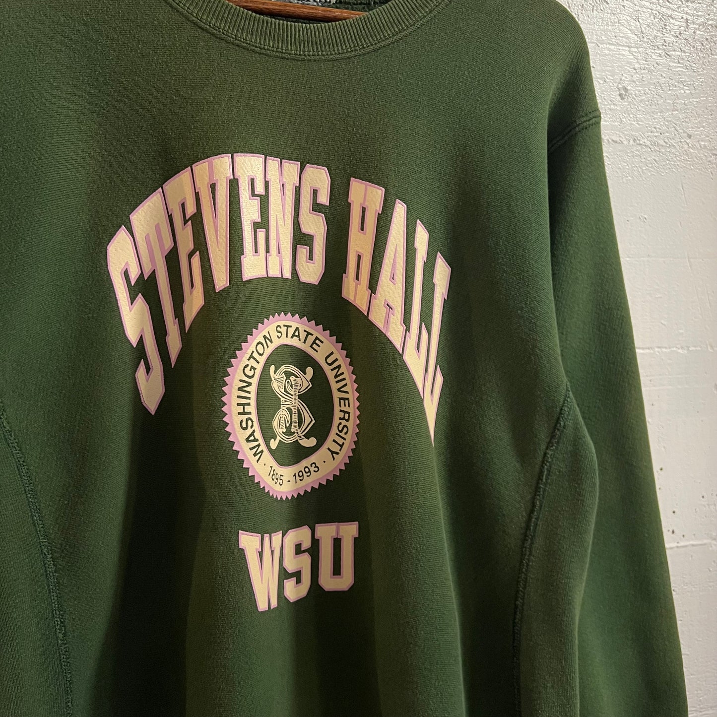 Vintage 1993 Steven’s Hall Washing State University Reverse Weave Crewneck Sweatshirt - Size Large/XL - Made In USA - Green/White/Purple