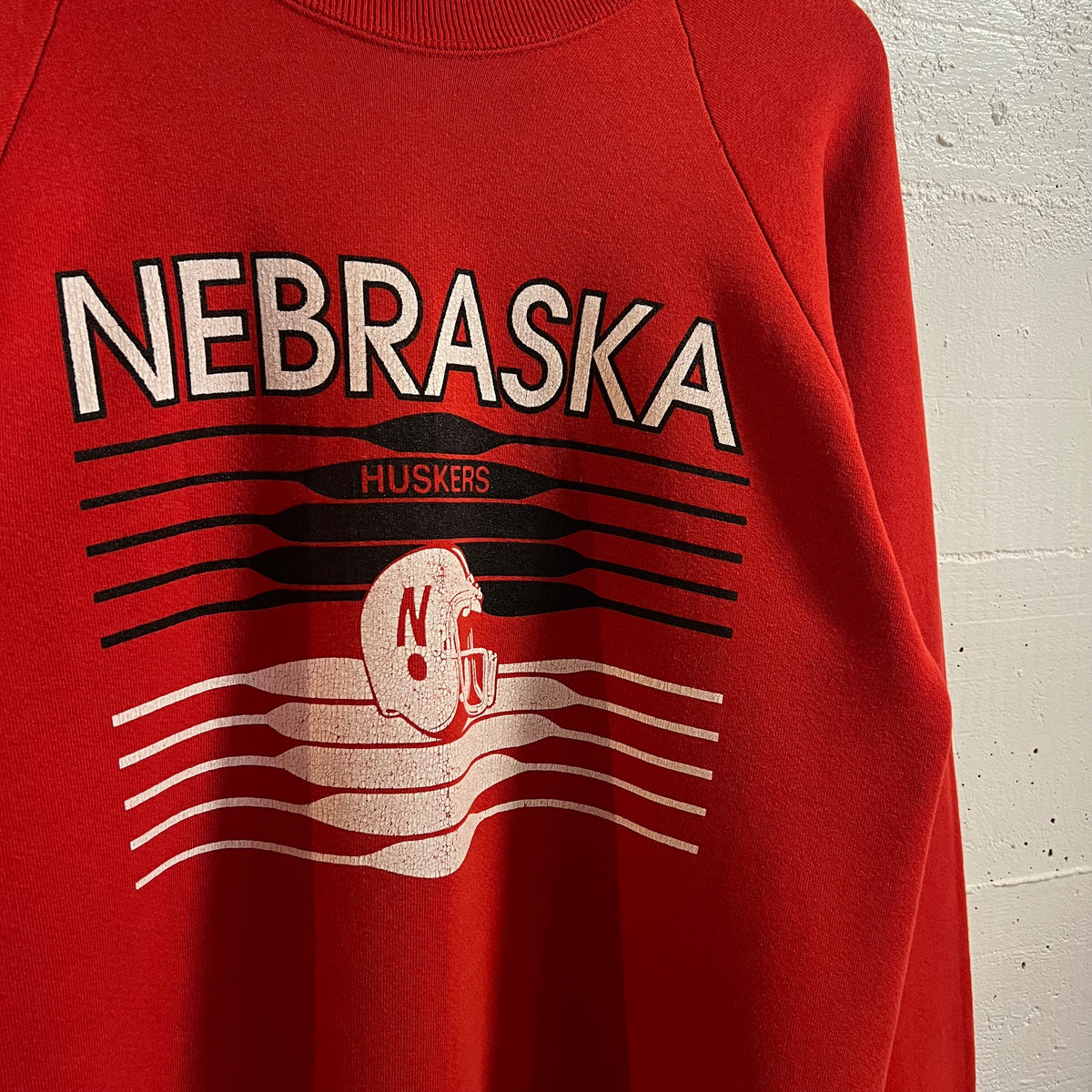 Vintage 80’s Nebraska Huskers Football Raglan Crewneck Sweatshirt - Size Large - Made In USA - Red/White/White