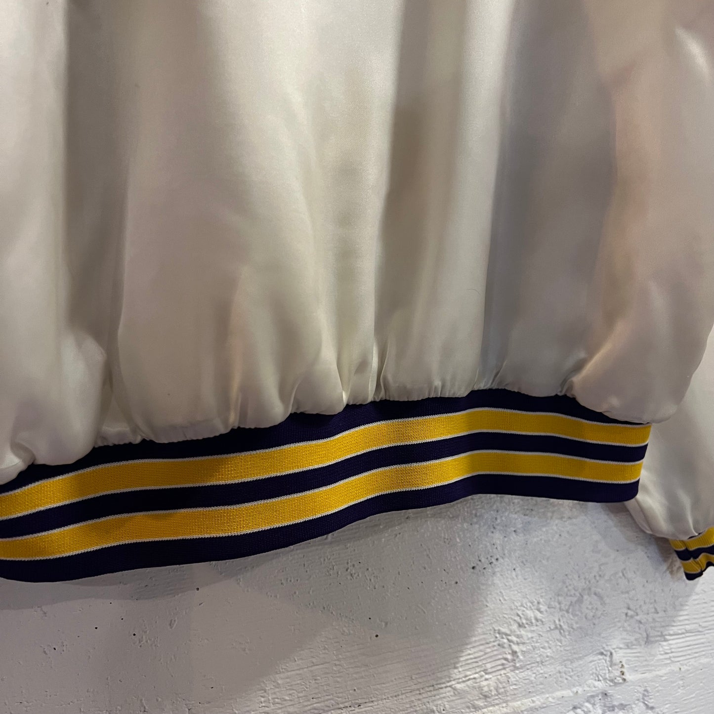 Vintage 90's Los Angeles Lakers Embroidered Swingster Satin Bomber Jacket - Size XL - Made In USA - White/Yellow/Purple