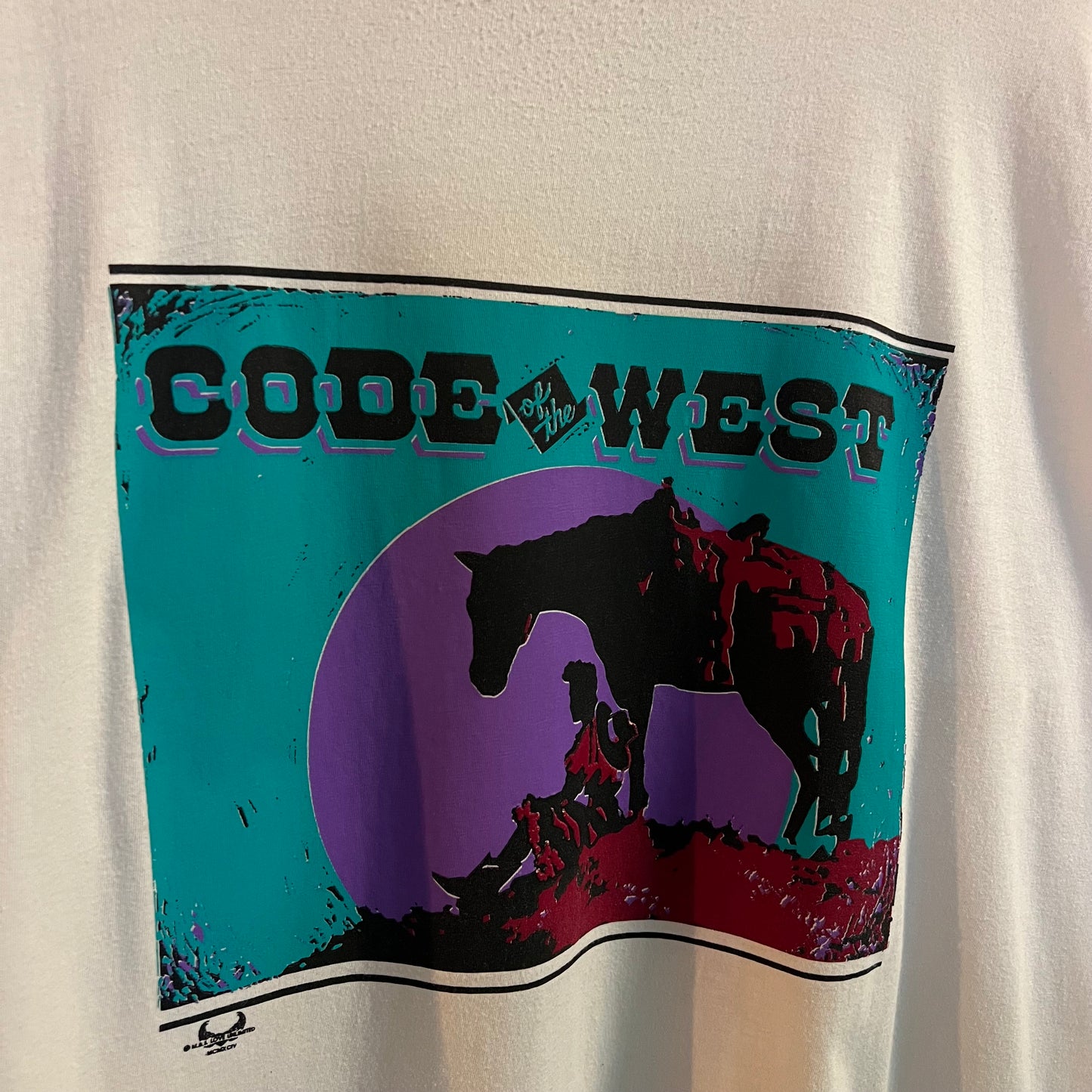 Vintage Distressed Code Of The West Cowboy Single Stitch T-Shirt - Size Large - Made In USA - White/Multi