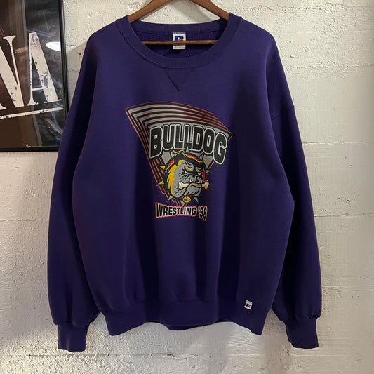Vintage 1998 Russell Athletic Bulldog Wrestling Crewneck Sweatshirt - Size 2XL - Made In USA - Purple/Multi