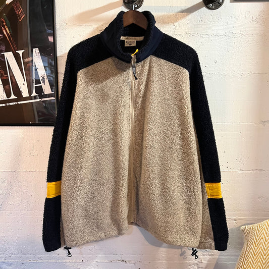 Vintage 90’s Columbia Sportswear Premier Outdoor Zip Up Deep Piled Fleece Jacket - Size XL - Made In USA - Beige/Navy/Yellow