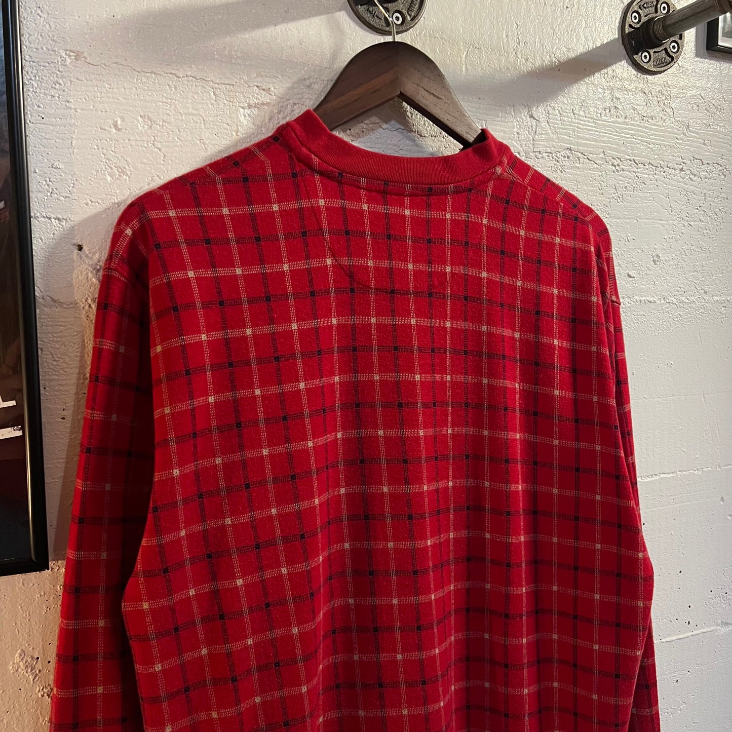 Vintage 90's Chaps Ralph Lauren Plaid Henley Collar Thermal Shirt - Size Medium - Red/Navy/White