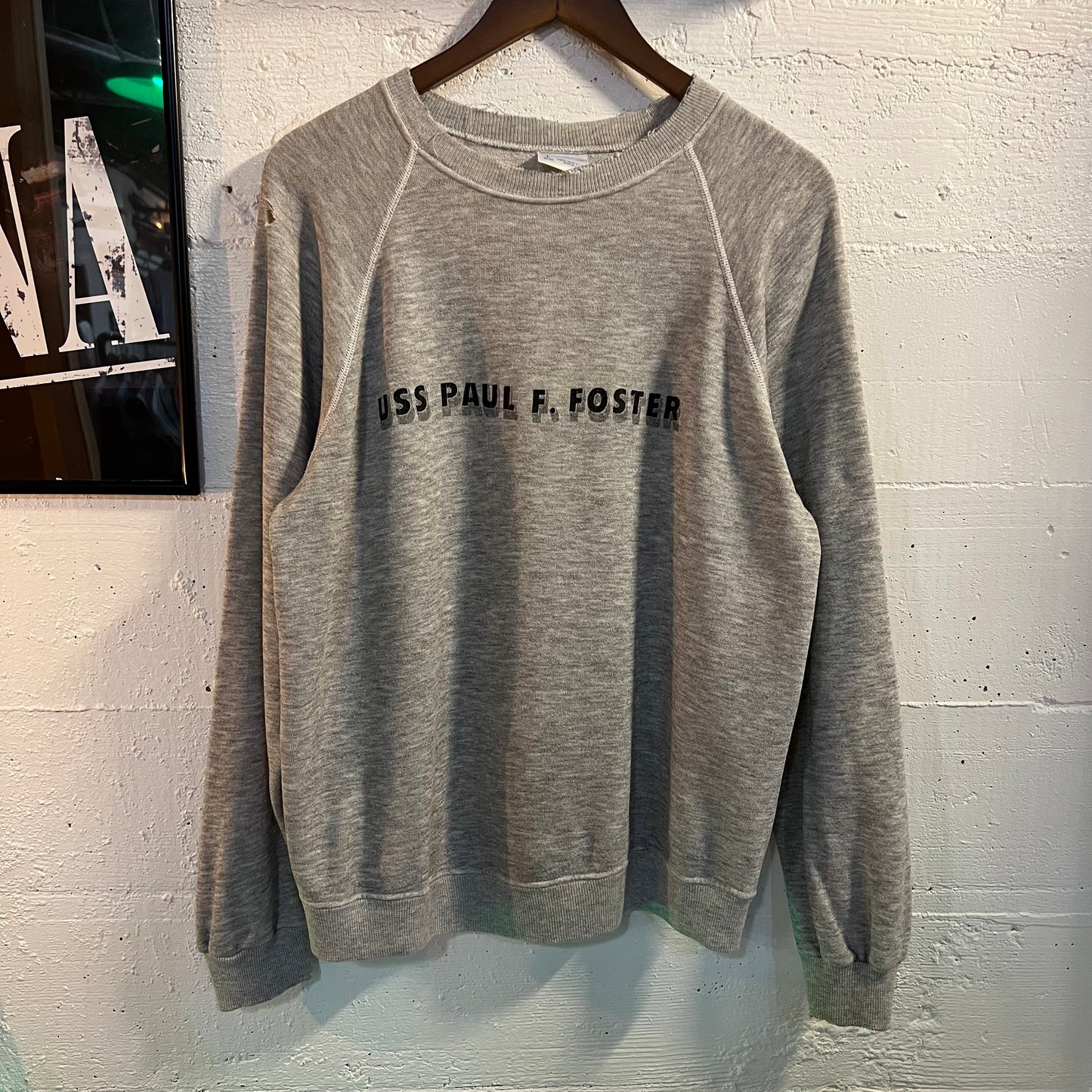 Vintage 1980's Distressed USS Paul F. Foster Navy Destroyer Ship Raglan Crewneck - Size Large - Made In USA - Heather Gray - Hanes