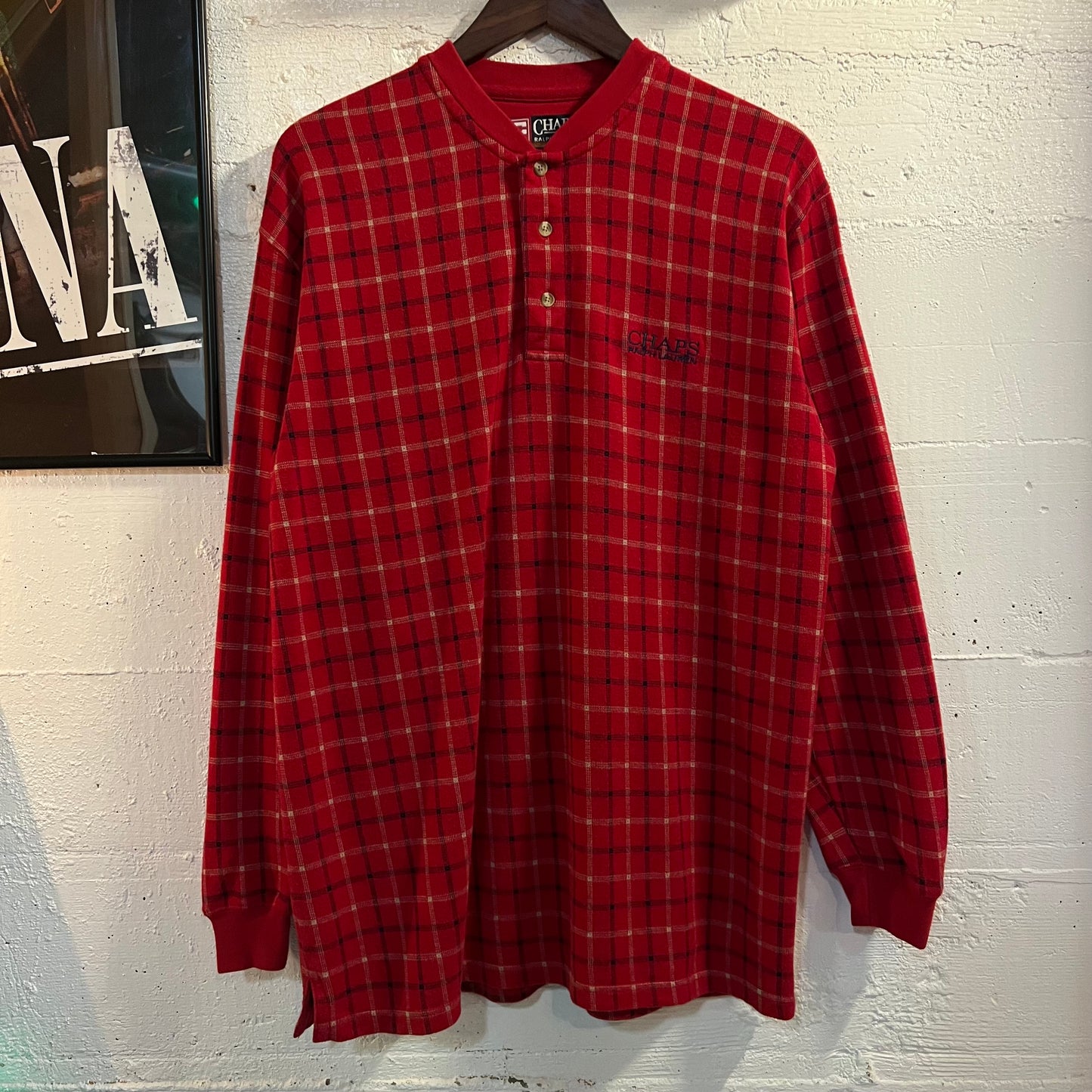 Vintage 90's Chaps Ralph Lauren Plaid Henley Collar Thermal Shirt - Size Medium - Red/Navy/White