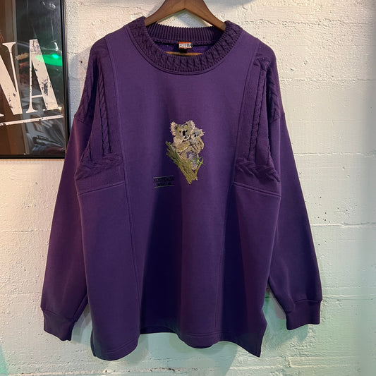 Vintage Embroidered Australia Wildlife Half Knitted/ Half Crewneck Sweatshirt - Size XL - Made In Australia - Purple