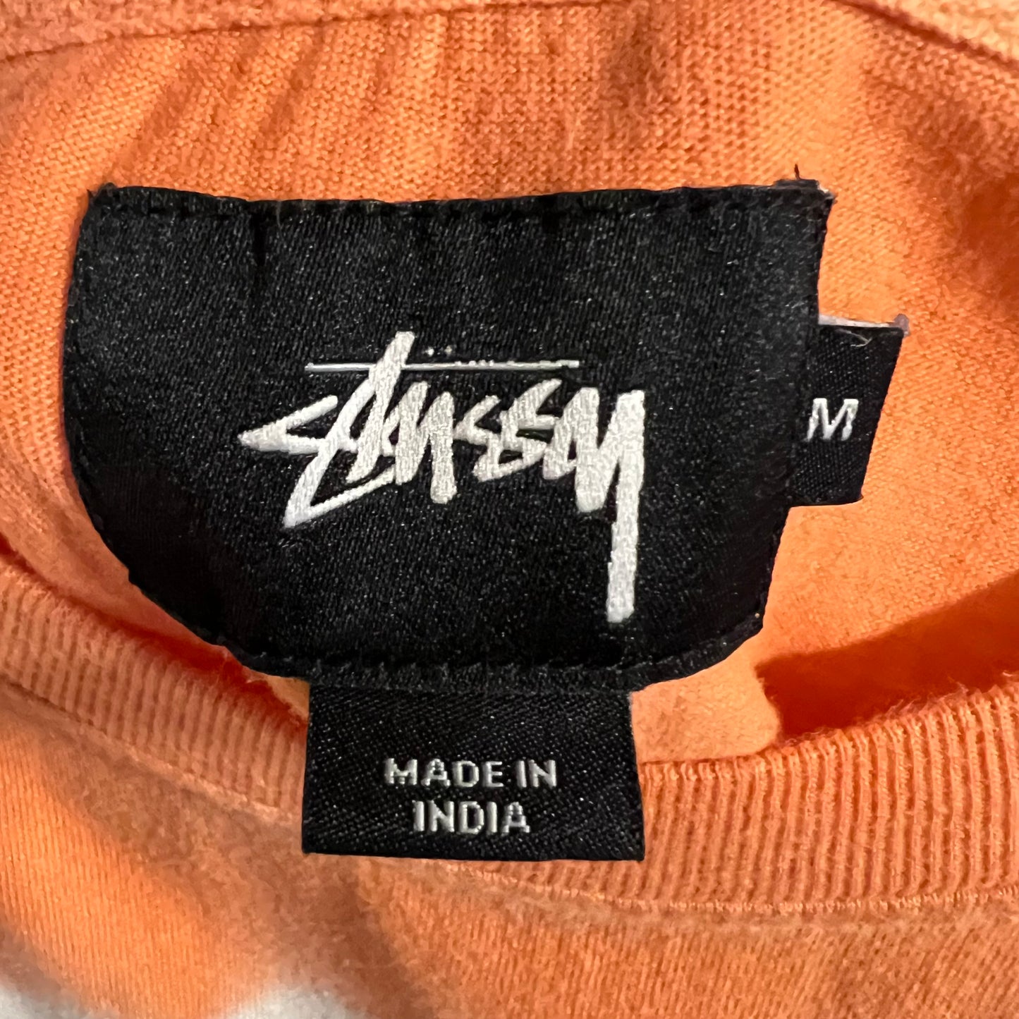 *Pre-Owned* Stüssy Bleach Dyed Embroidered Logo T-Shirt - Size Medium - Coral/White