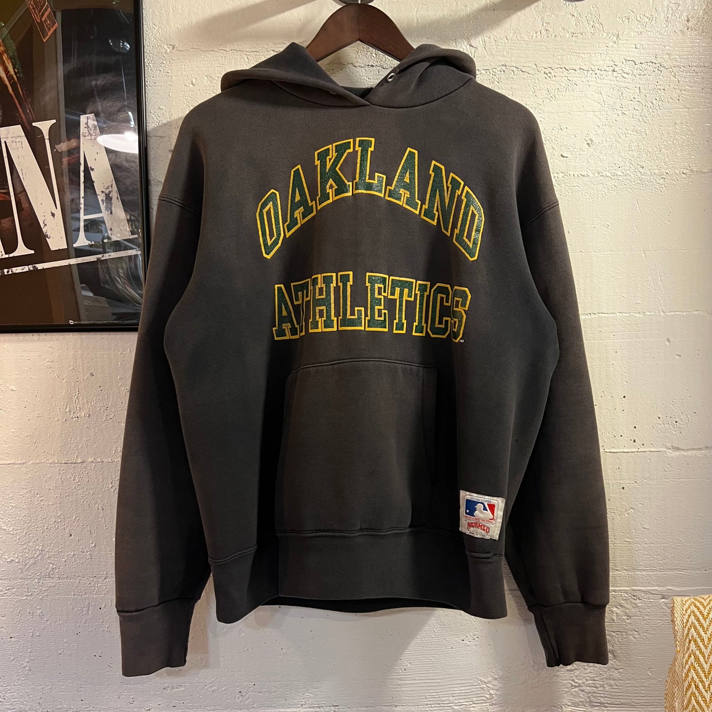 Vintage 90’s Faded Nutmeg Mills Oakland Athletic MLB Hoodie Sweatshirt - Size Large - Made In USA - Black/Green/Yellow