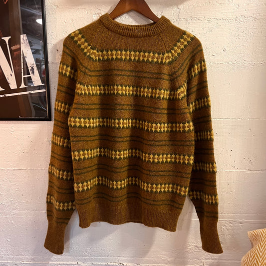 Vintage 60’s Jantzen Fair Isle Yoked Ski Patterned Raglan Sleeve Knitted Sweater - Size Medium - Made In USA - Mustard Yellow/Green