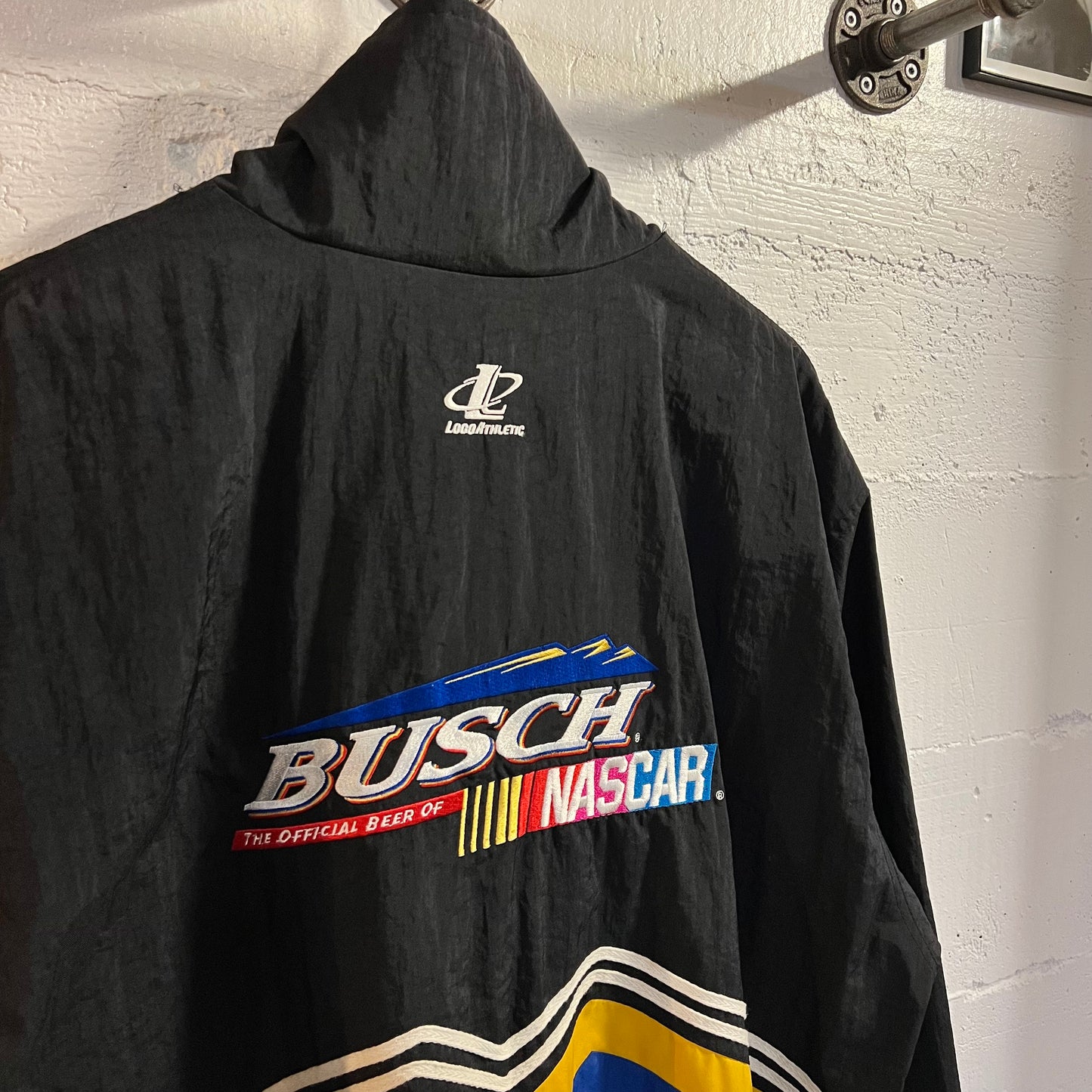 Vintage 90's Logo Athletic Busch Racing Nascar Nylon Windbreaker Jacket - Size Medium - Blue/Yellow