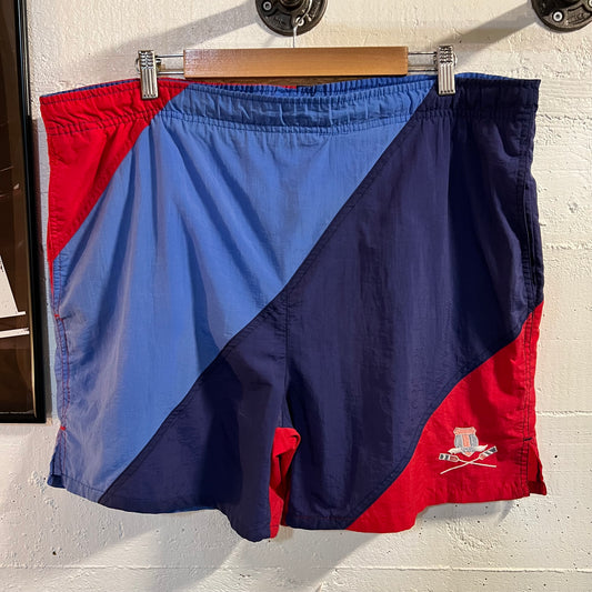 Vintage 80's Embroidered Rowing Monogram Swim Shorts - Size Medium - Blue/Red