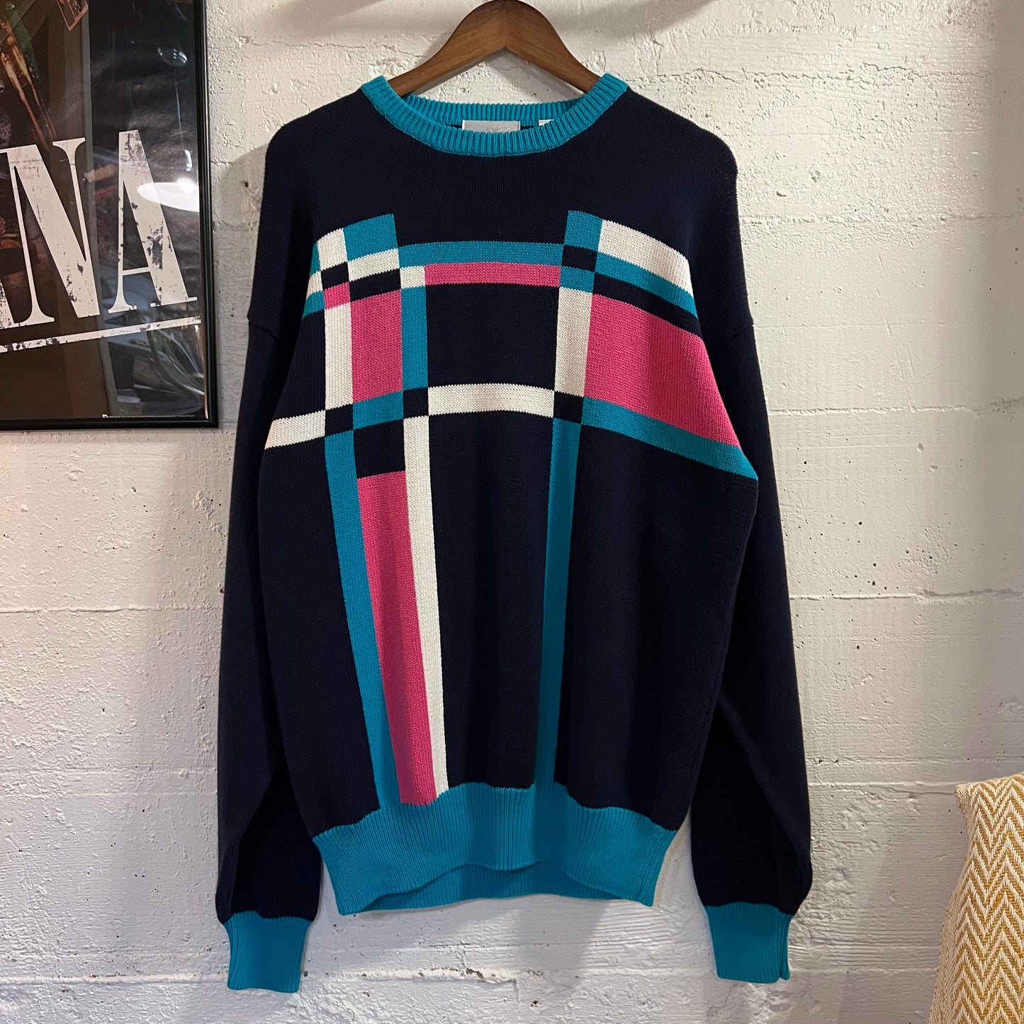 Vintage 80’s Mark Scot Geometric Plaid Pattern Knitted Sweater - Size Large - Navy/Turquoise/Pink/White