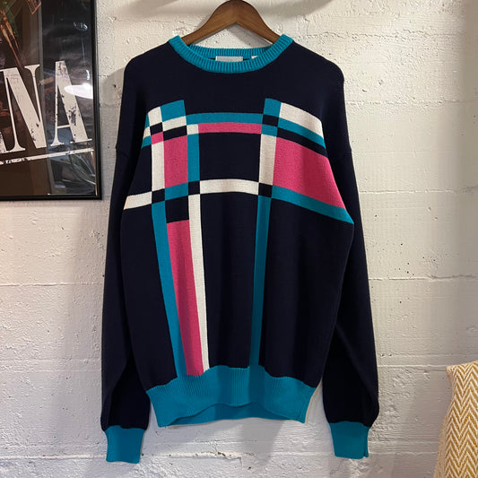 Vintage 80’s Mark Scot Geometric Plaid Pattern Knitted Sweater - Size Large - Navy/Turquoise/Pink/White