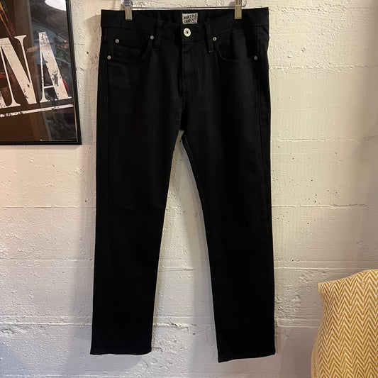 Pre-Owned Naked & Famous Denim Skinny Guy 'Black Power Stretch' Denim Jeans - Size 32" x 29" - Made In Canada - Black