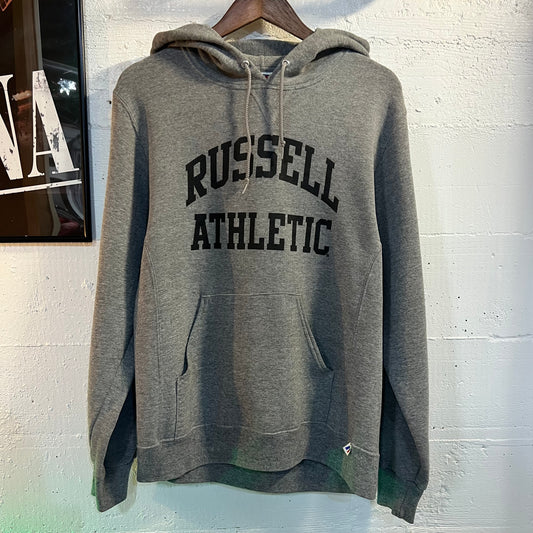 Vintage Russell Athletic Hooded Sweatshirt - Size Medium - Heather Grey/Black