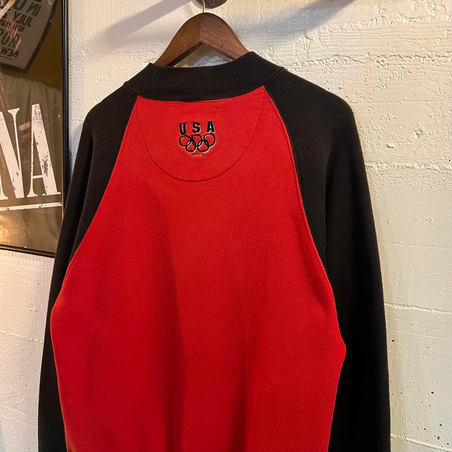 Vintage Embroidered Champion Olympic Zippered Crewneck Sweatshirt - Size Large - Made In USA - Black/Red